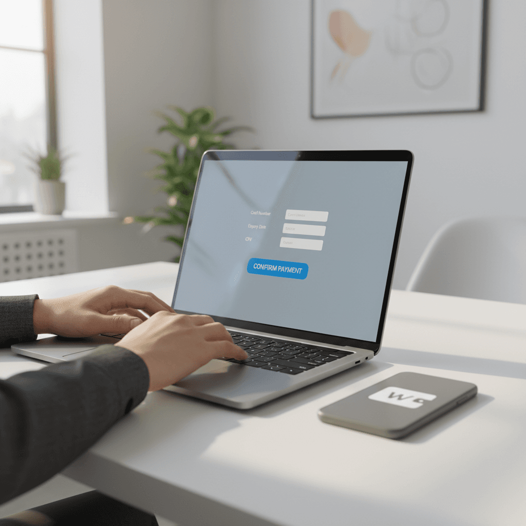 Merchant hands on laptop keyboard processing digital payment with smartphone displaying digital wallet nearby